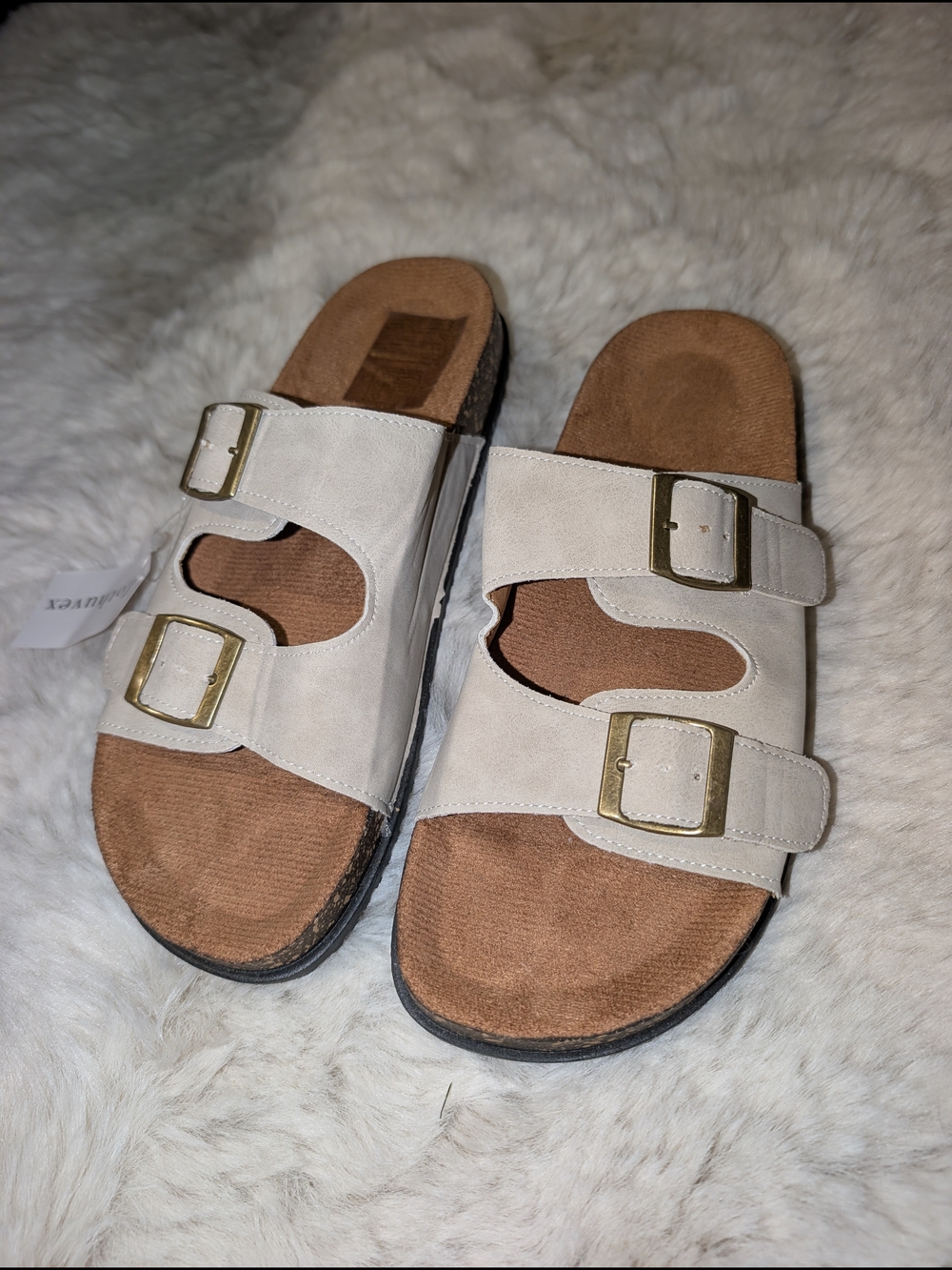 2/25$ 💓 Women's Cream Double-Buckle Slide Sandals with Gold Hardware